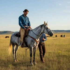 A primeira montagem, com um assistente segurando o cavalo.