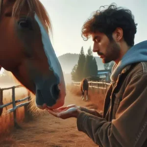 Aproximação calma e cuidadosa de uma pessoa em direção ao cavalo, com a mão estendida para ser cheirada