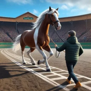O cavalo sendo conduzido em um picadeiro com o cabresto.