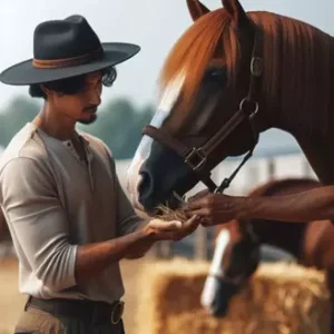 Uma pessoa alimentando o cavalo com a mão.