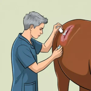 Aplicação de pomada em uma ferida no cavalo Campolina
