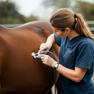 Veterinário examinando o abdômen de um cavalo Campolina para verificar sinais de cólica