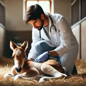 Veterinário realizando exame físico em um potro recém-nascido