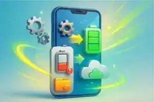 Capa 3D de livro virtual sobre otimização de smartphone, com ícones de velocidade e bateria cheia.