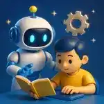 Miniatura: Robô auxiliando pessoa com livro e laptop.