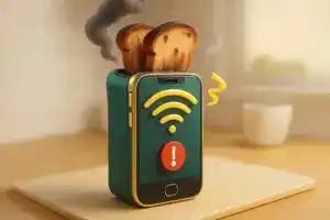 Cena cômica de smartphone funcionando como torradeira via Wi-Fi.