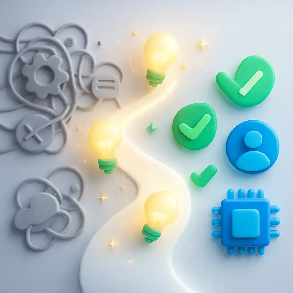 Ilustração principal da seção 'Quem Somos', com livro, ícones tech e brilhos.